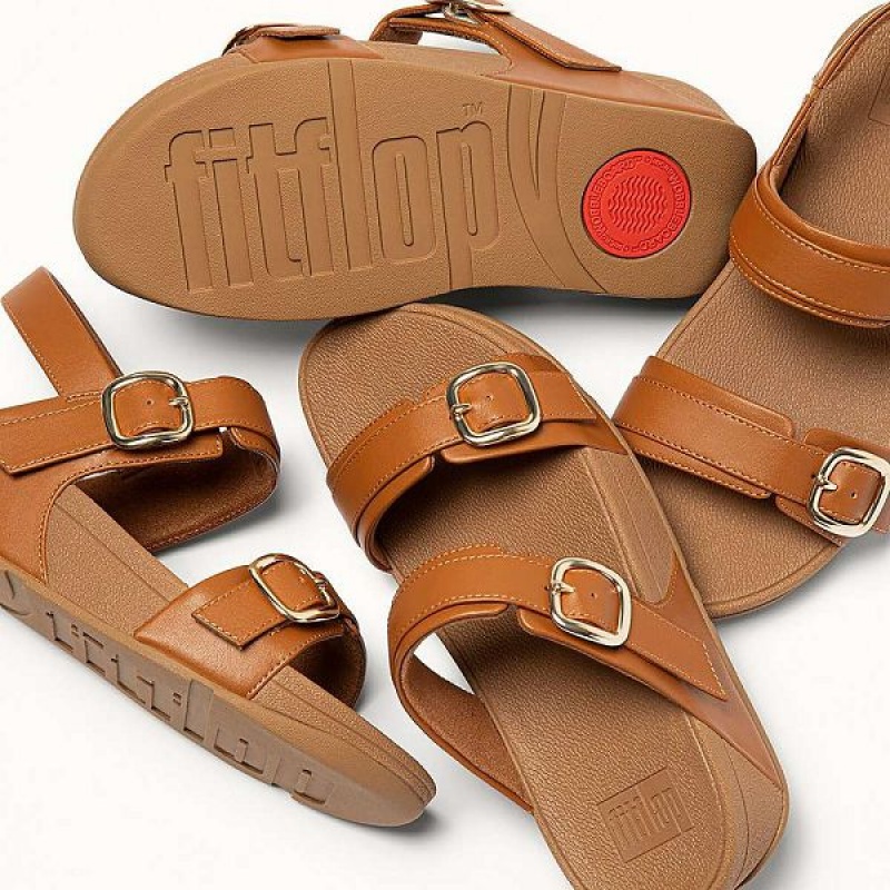 FitFlop Lulu Adjustable Leather Women's Slides Light Brown | 246JSIDRL