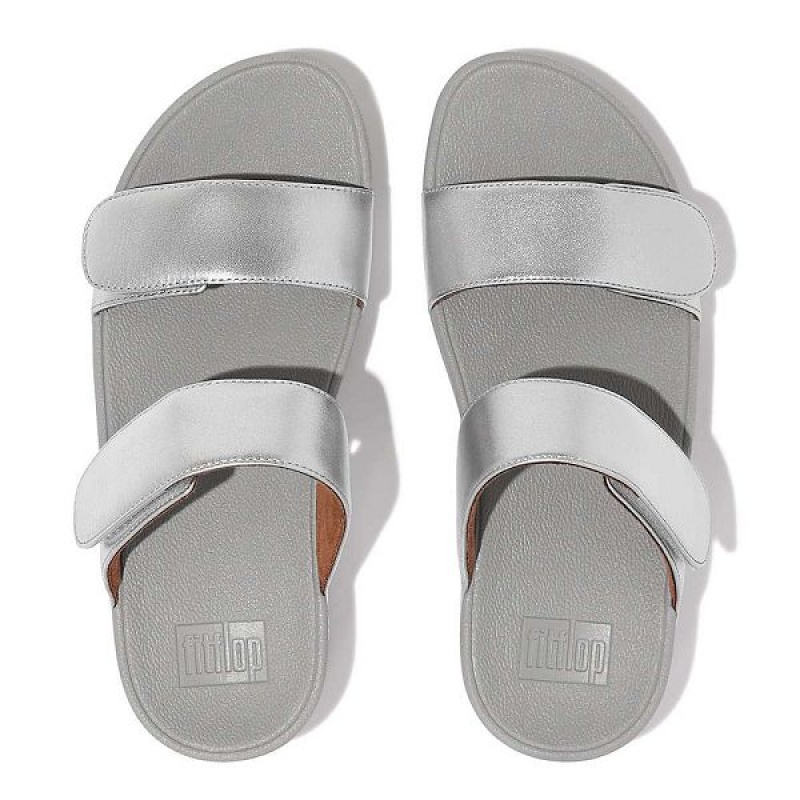 FitFlop Lulu Adjustable Leather Women's Slides Silver | 974LSNWKI