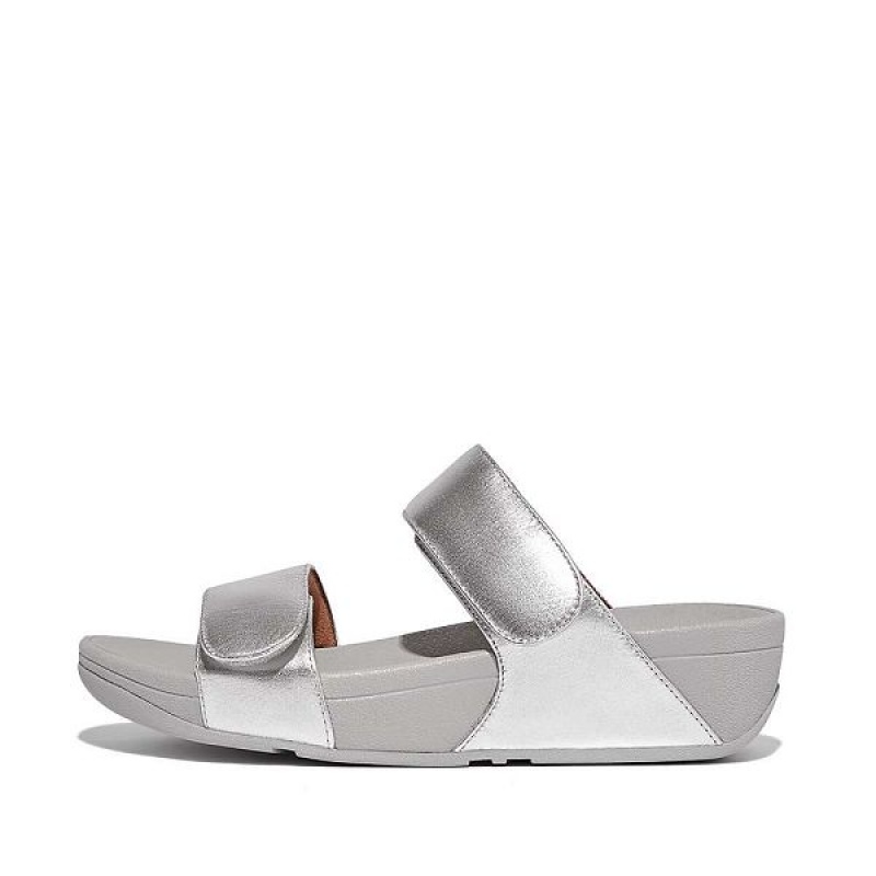 FitFlop Lulu Adjustable Leather Women\'s Slides Silver | 974LSNWKI