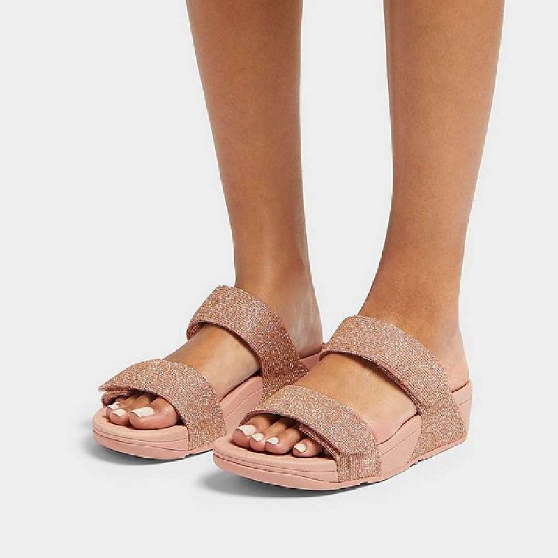 FitFlop Lulu Adjustable Shimmerlux Women's Slides Rose Gold | 537BDEPIT