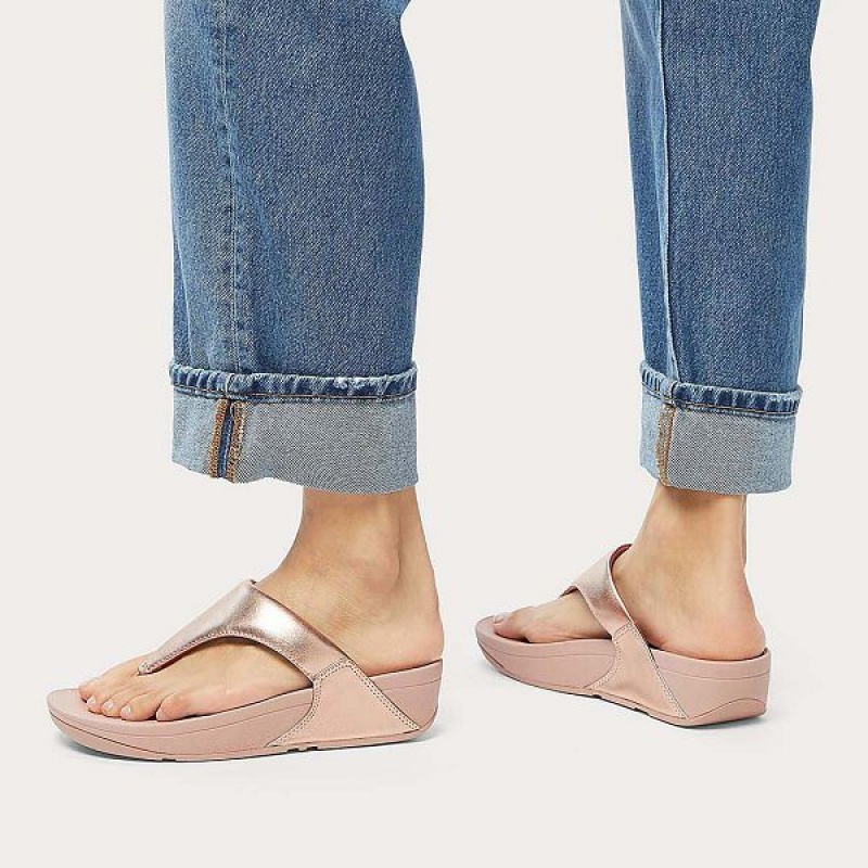 FitFlop Lulu Leather Toe-Post Women's Sandals Rose Gold | 790PJZAFS