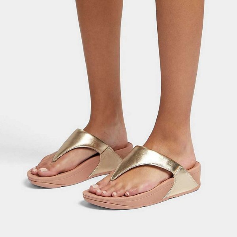 FitFlop Lulu Metallic Leather Toe-Post Women's Sandals Coral / Gold | 462ADWBFR