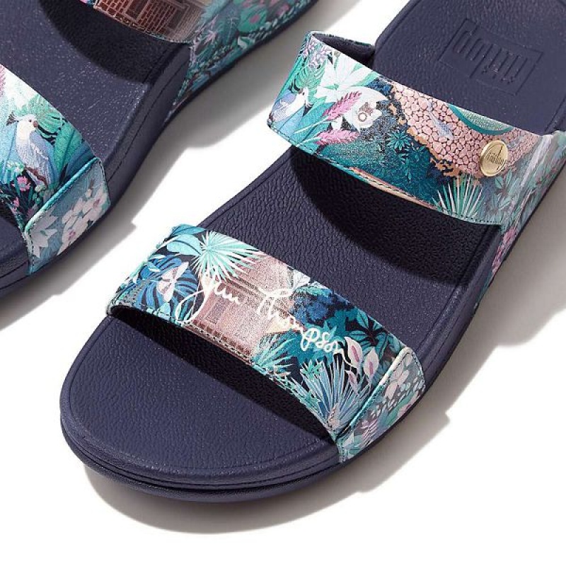 FitFlop Lulu X Jim Thompson Limited Edition Leather Women's Slides Blue | 841GSQPHW