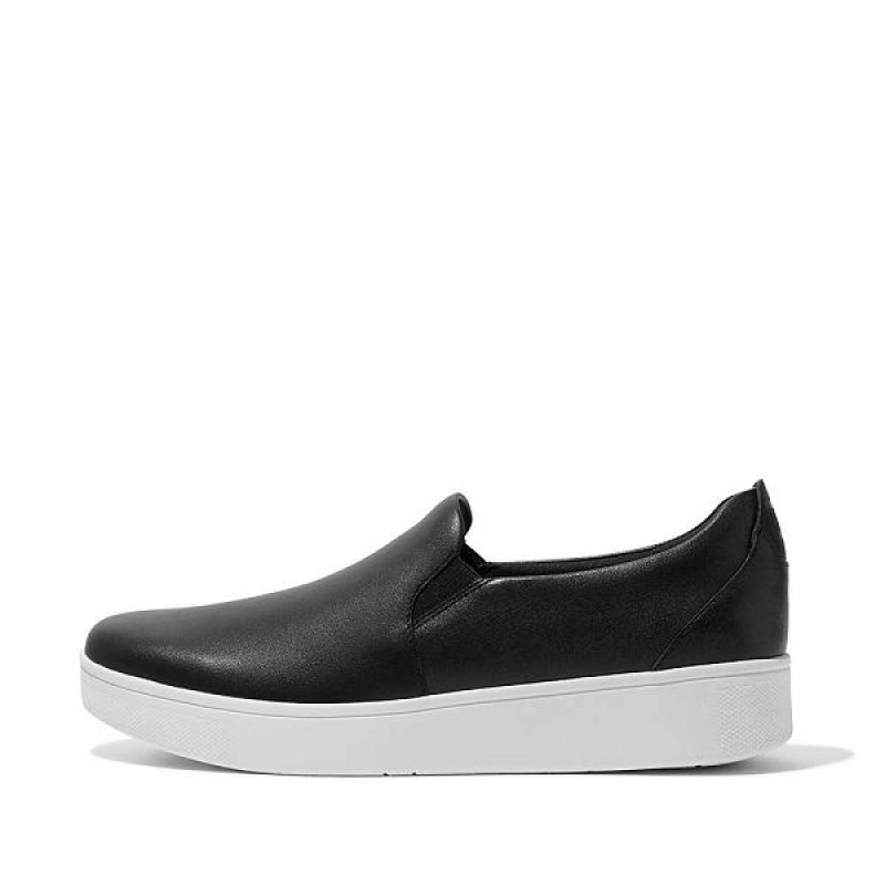 FitFlop Rally Leather Slip On Skate Women\'s Sneakers Black | 987EPMHZR