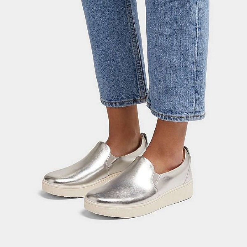 FitFlop Rally Metallic Leather Slip On Skate Women's Sneakers Silver | 401AXZKOP