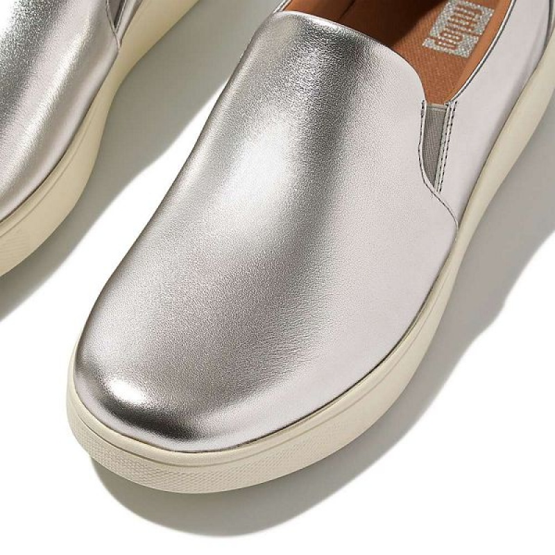 FitFlop Rally Metallic Leather Slip On Skate Women's Sneakers Silver | 401AXZKOP