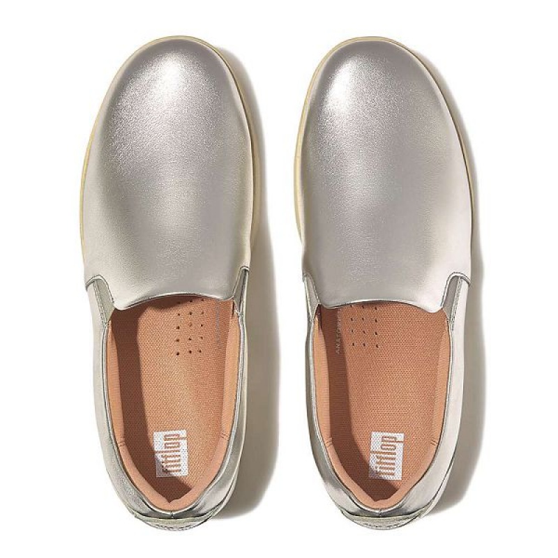 FitFlop Rally Metallic Leather Slip On Skate Women's Sneakers Silver | 401AXZKOP