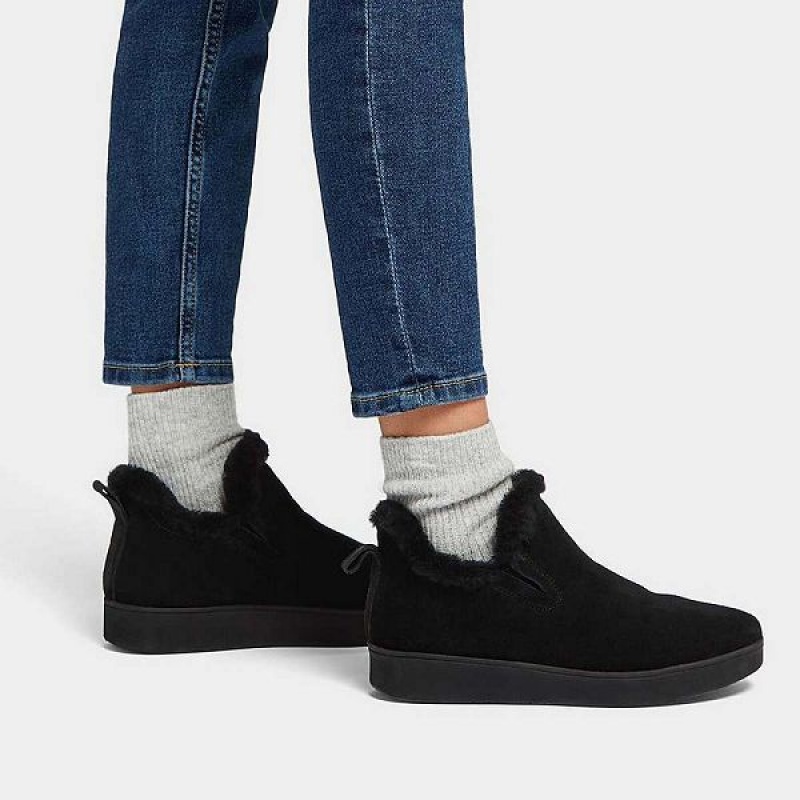 FitFlop Rally Shearling Lined Suede Slip On Women's Sneakers Black | 642EGWQDK