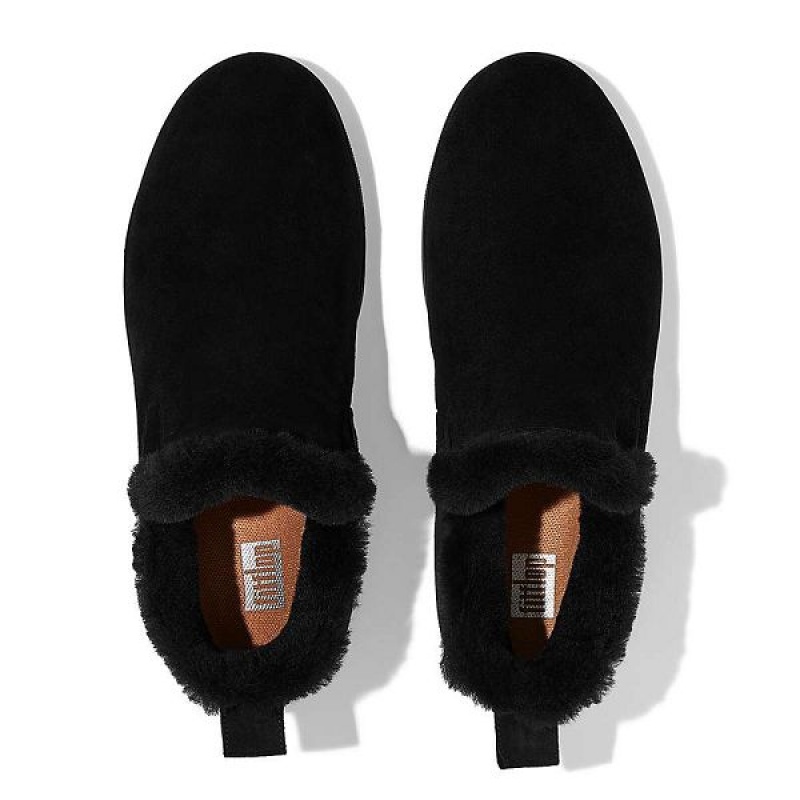 FitFlop Rally Shearling Lined Suede Slip On Women's Sneakers Black | 642EGWQDK