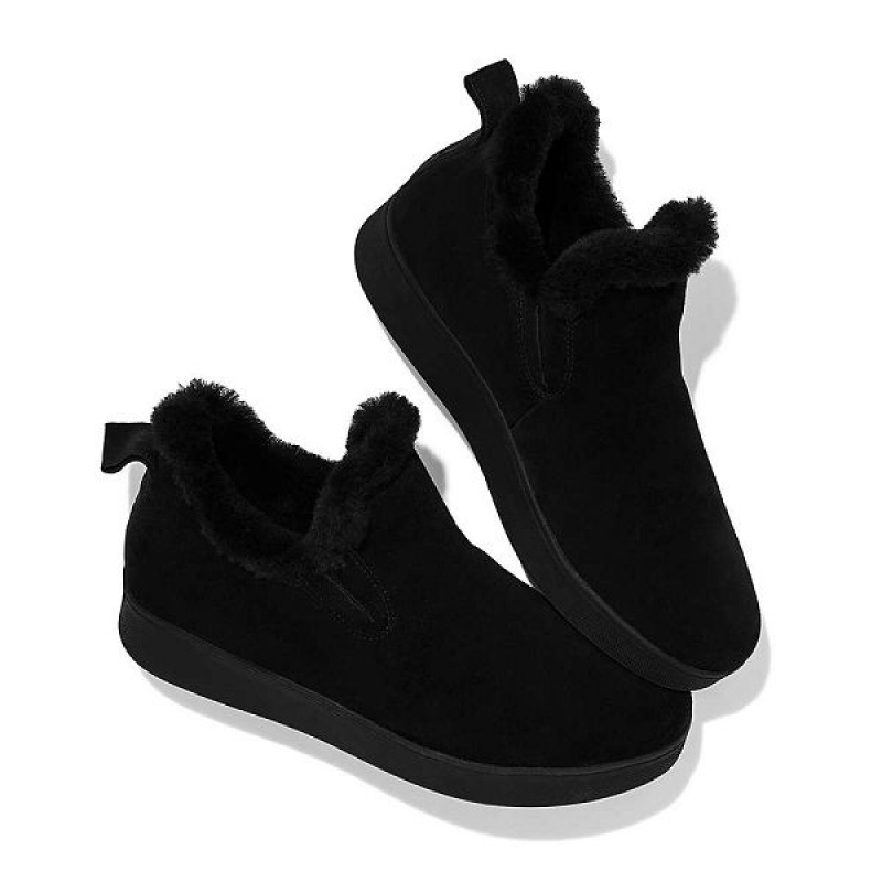 FitFlop Rally Shearling Lined Suede Slip On Women's Sneakers Black | 642EGWQDK