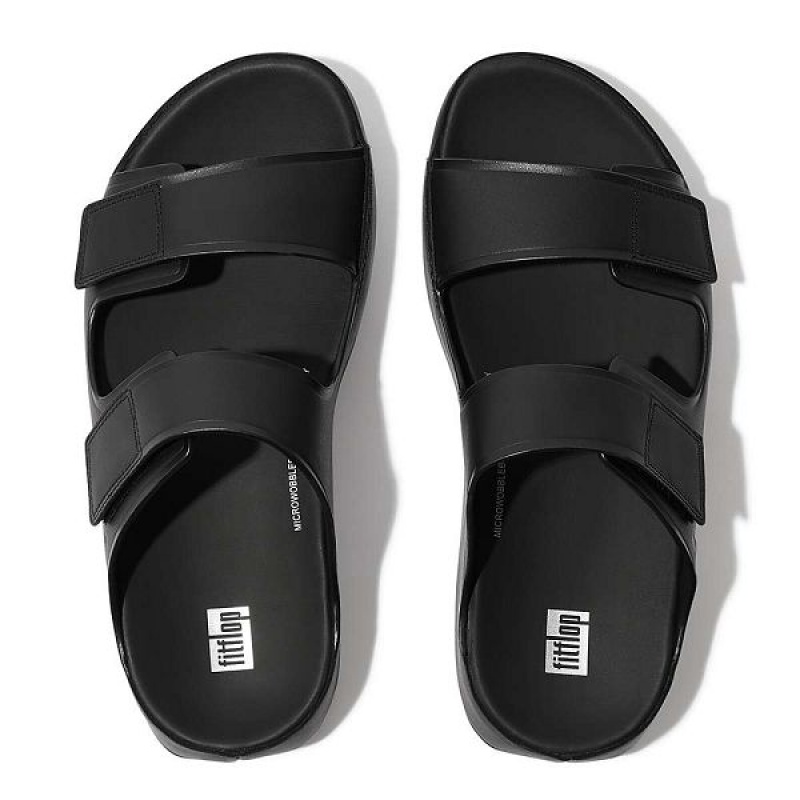 FitFlop Samel Adjustable Leather Men's Slides Black | 204EVOHPI