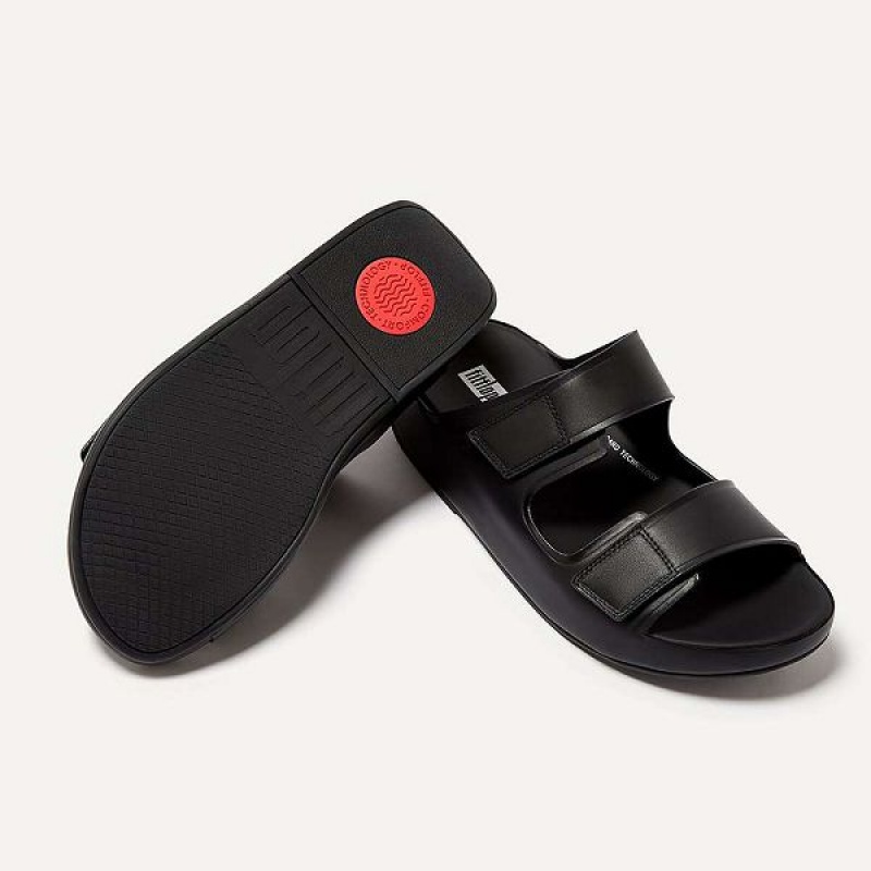 FitFlop Samel Adjustable Leather Men's Slides Black | 204EVOHPI