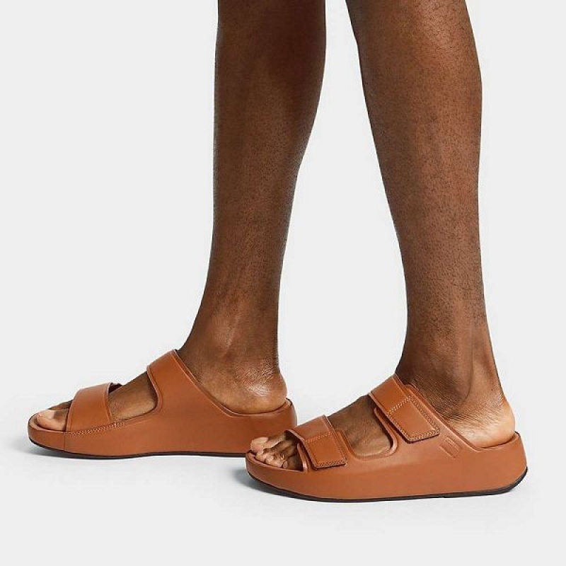 FitFlop Samel Adjustable Leather Men's Slides Light Brown | 456WMHJCV