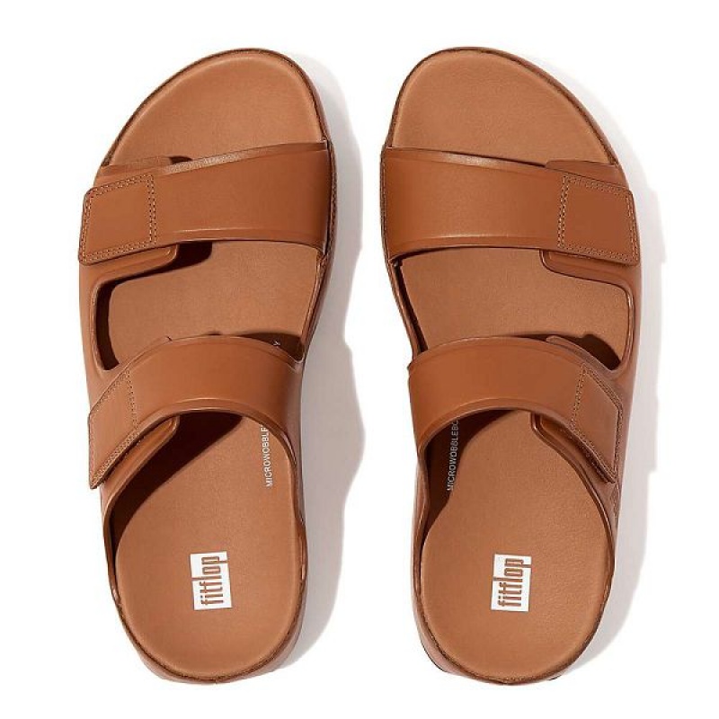 FitFlop Samel Adjustable Leather Men's Slides Light Brown | 456WMHJCV