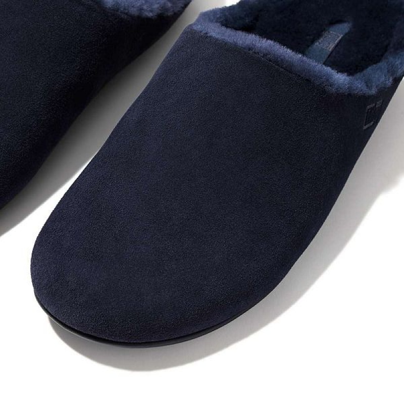 FitFlop Shove Shearling Lined Suede Men's Slippers Navy | 685VBLHPY