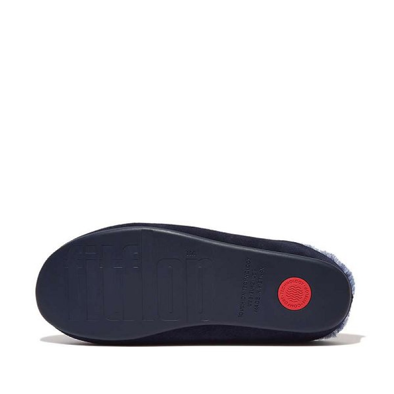 FitFlop Shove Shearling Lined Suede Men's Slippers Navy | 685VBLHPY