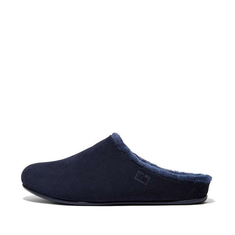 FitFlop Shove Shearling Lined Suede Men\'s Slippers Navy | 685VBLHPY