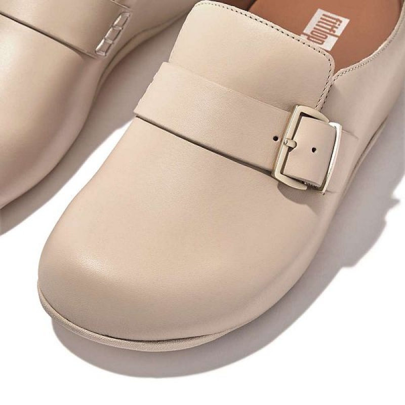 FitFlop Shuv Buckle Strap Leather Women's Clogs Grey / Beige | 452QXPKYJ