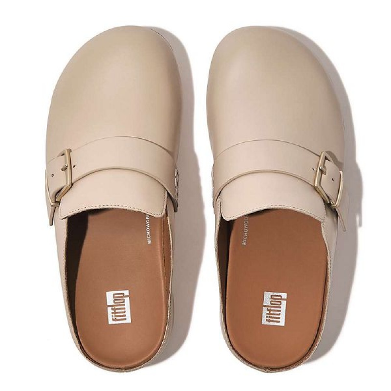 FitFlop Shuv Buckle Strap Leather Women's Clogs Grey / Beige | 452QXPKYJ