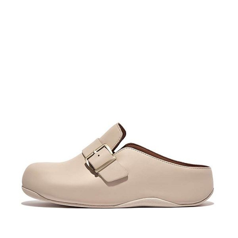 FitFlop Shuv Buckle Strap Leather Women\'s Clogs Grey / Beige | 452QXPKYJ