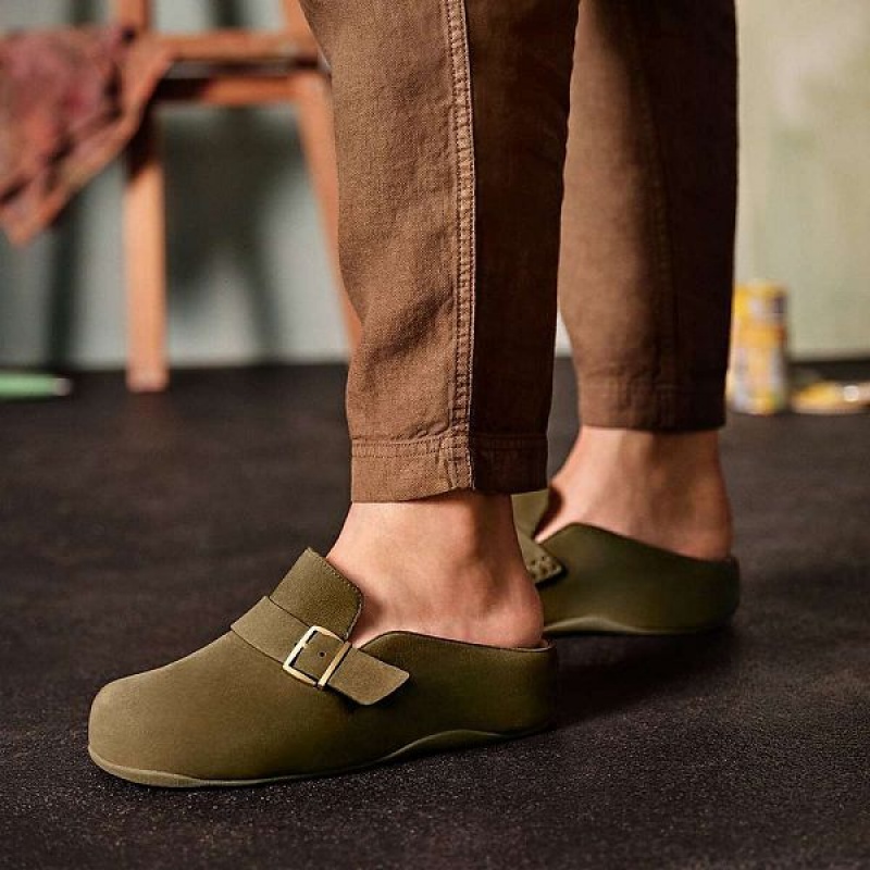 FitFlop Shuv Buckle Strap Nubuck Women's Clogs Olive / Green | 350BGIACJ