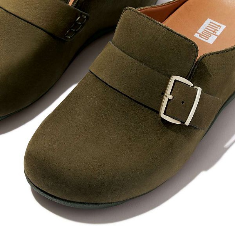 FitFlop Shuv Buckle Strap Nubuck Women's Clogs Olive / Green | 350BGIACJ