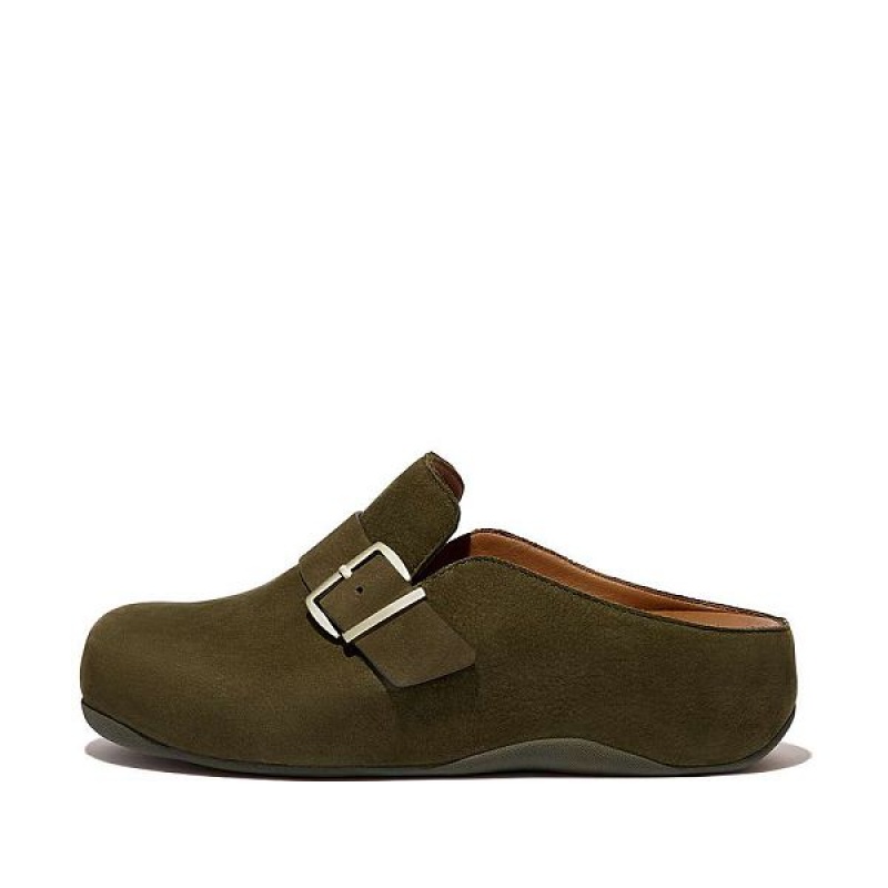 FitFlop Shuv Buckle Strap Nubuck Women\'s Clogs Olive / Green | 350BGIACJ