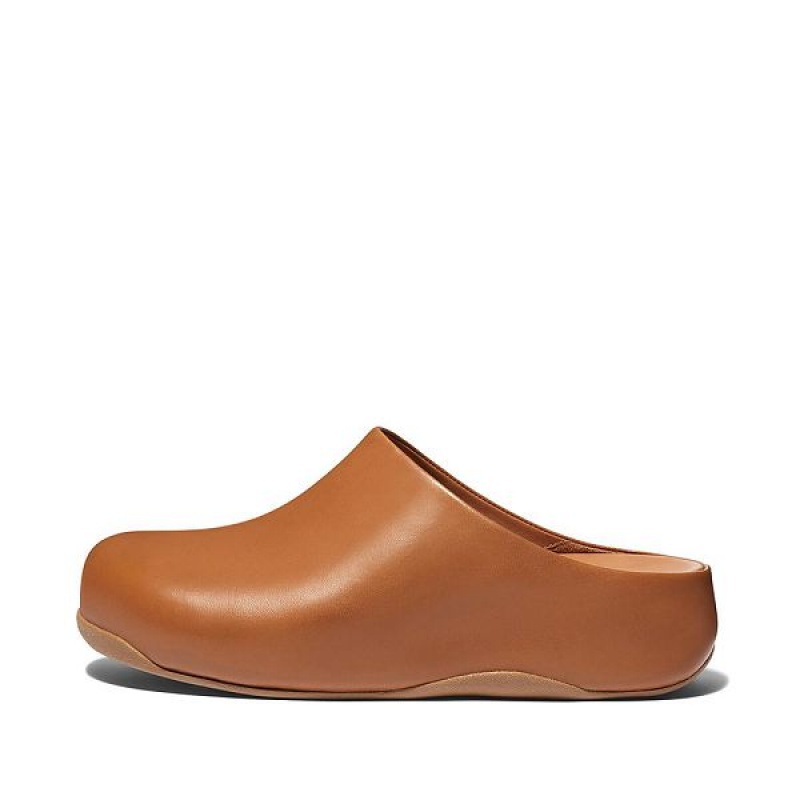 FitFlop Shuv Leather Women\'s Clogs Light Brown | 589NREHYD