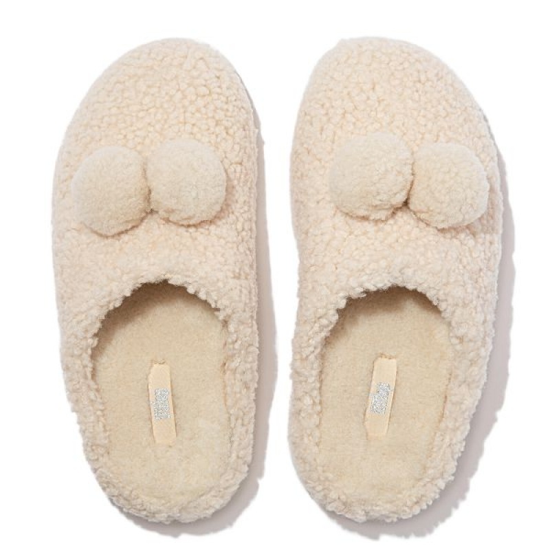 FitFlop Shuv Pom Pom Shearling Clog Women's Slippers White | 750BGPFAI