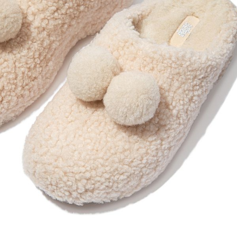 FitFlop Shuv Pom Pom Shearling Clog Women's Slippers White | 750BGPFAI