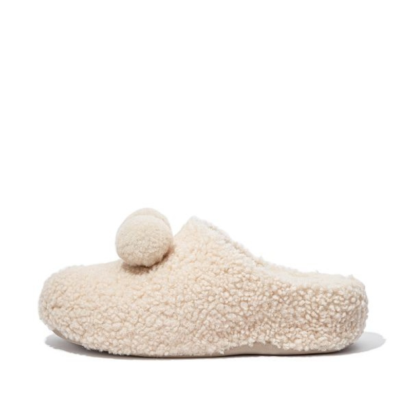 FitFlop Shuv Pom Pom Shearling Clog Women\'s Slippers White | 750BGPFAI