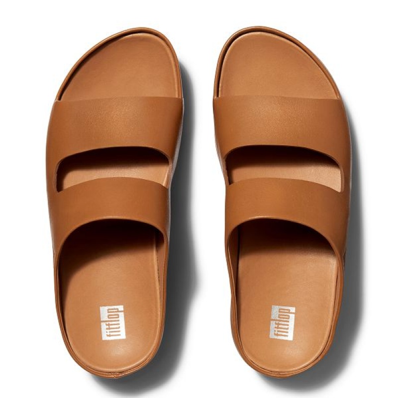 FitFlop Shuv Two Bar Leather Women's Slides Light Brown | 026BUFNJH