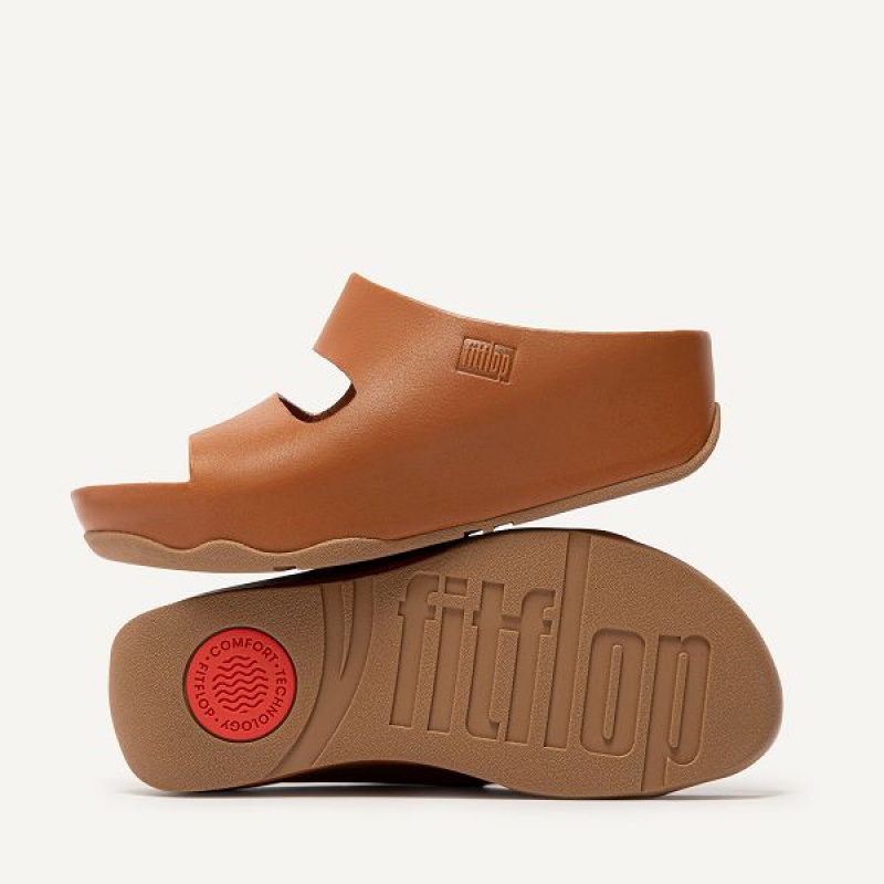 FitFlop Shuv Two Bar Leather Women's Slides Light Brown | 026BUFNJH