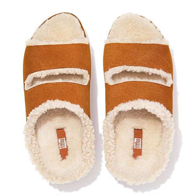 FitFlop Shuv Two Bar Shearling Suede Women's Slides Light Brown | 905QNOPRA