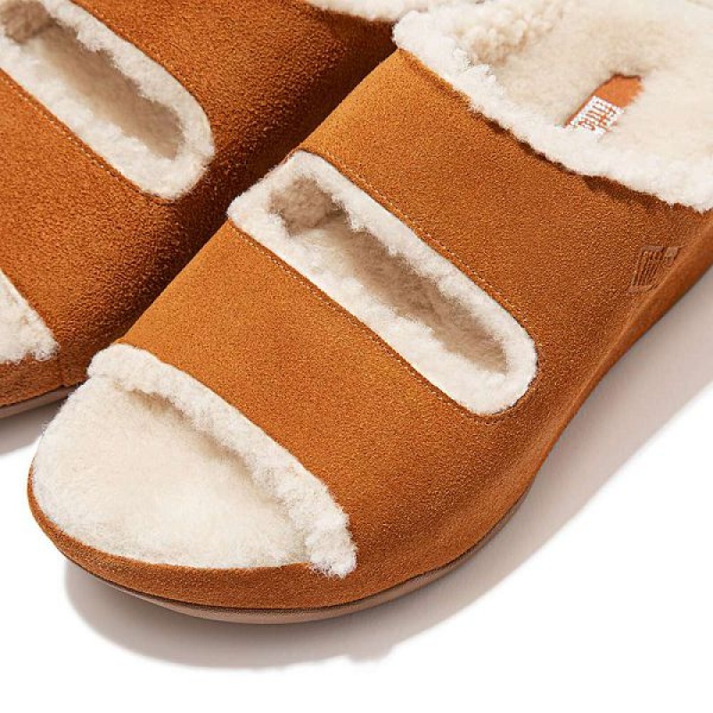 FitFlop Shuv Two Bar Shearling Suede Women's Slides Light Brown | 905QNOPRA