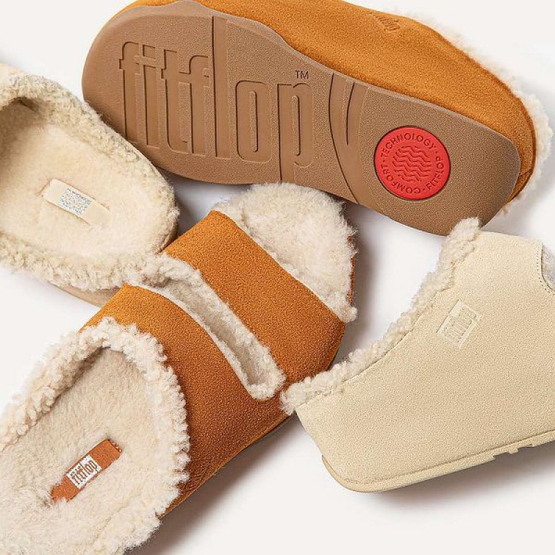 FitFlop Shuv Two Bar Shearling Suede Women's Slides Light Brown | 905QNOPRA