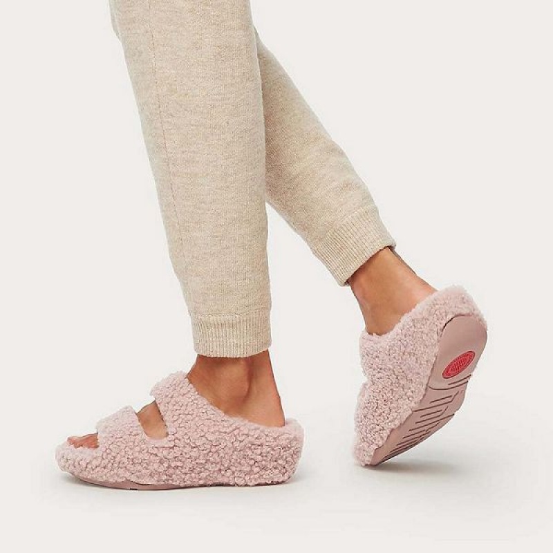 FitFlop Shuv Two Bar Shearling Women's Slides Pink | 829ROYVHN