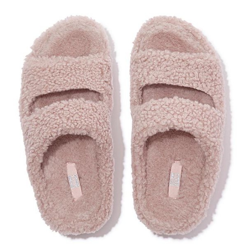 FitFlop Shuv Two Bar Shearling Women's Slides Pink | 829ROYVHN