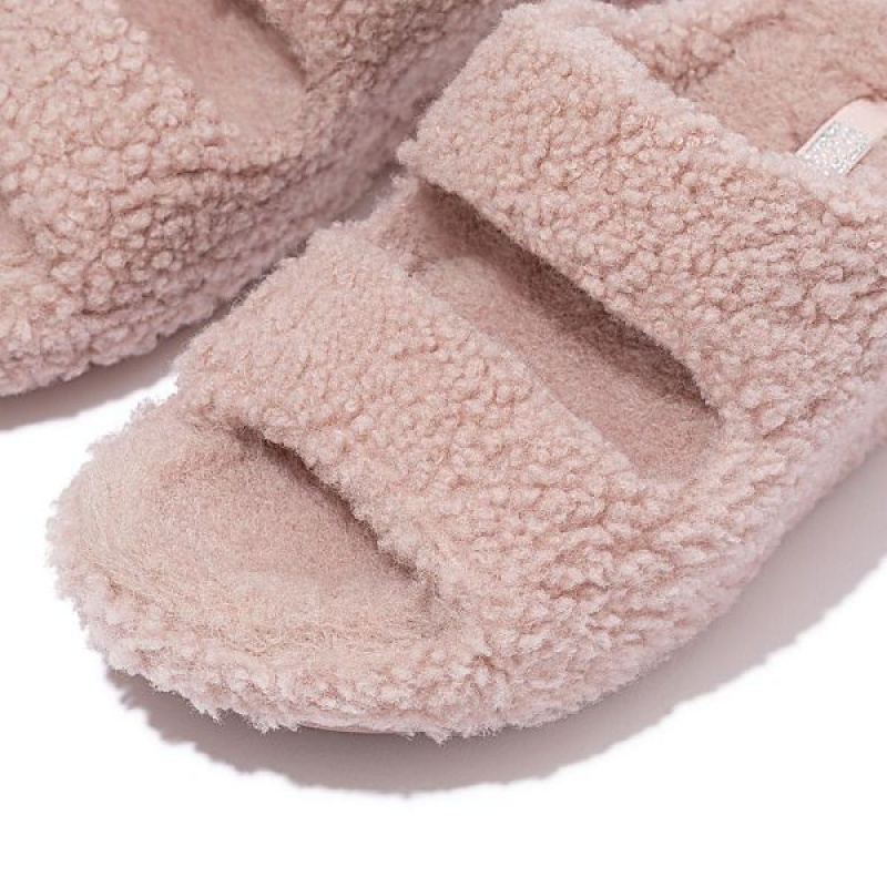 FitFlop Shuv Two Bar Shearling Women's Slides Pink | 829ROYVHN