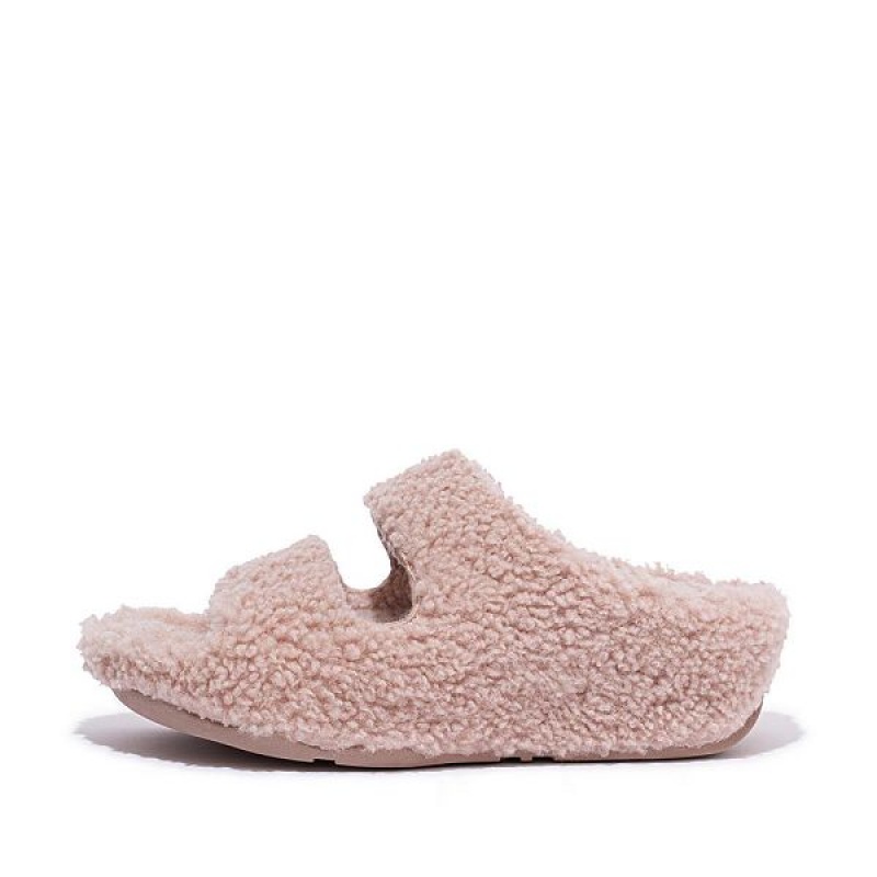 FitFlop Shuv Two Bar Shearling Women\'s Slides Pink | 829ROYVHN