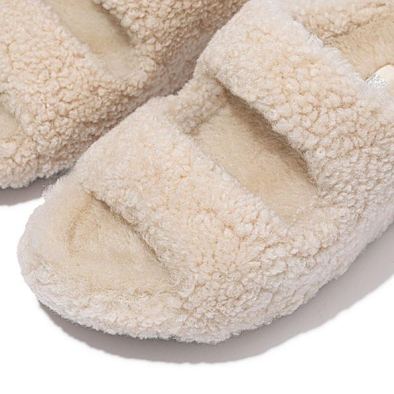 FitFlop Shuv Two Bar Shearling Women's Slides White | 038MTGYHV