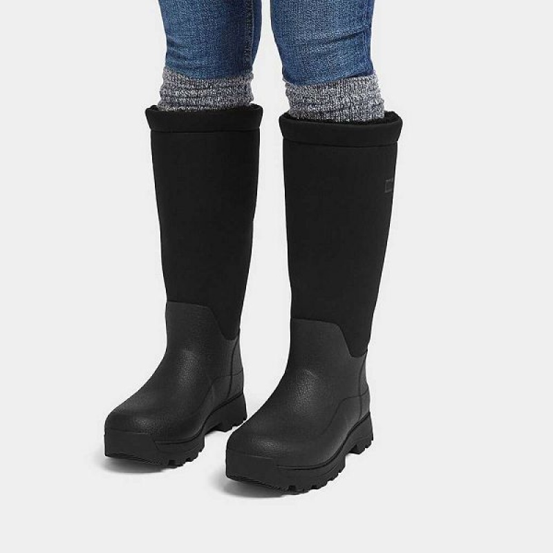 FitFlop Wonderwelly Atb High Performance Fleece Lined Roll Down Wellington Women's Rain Boots Black | 605RYHSLW