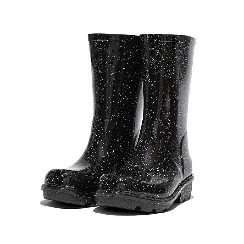 FitFlop Wonderwelly Junior Glitter Ergonomic Wellington Kids' Rain Boots Black | 925KCSADQ